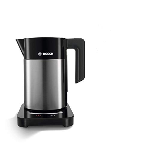 Bosch TWK7203 Hervidor de agua de acero inoxidable, selector táctil de temperatura, capacidad para 1,7 L, 2200 W, color gris y negro