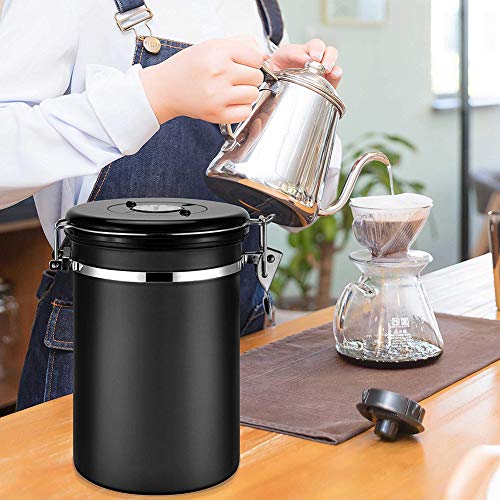 Bote de café hermético de 1200 ml con rastreador de fecha, válvula de liberación de CO2 con cuchara medidora, cepillo de limpieza, para café, té, frutos secos y polvos, acero inoxidable, color negro