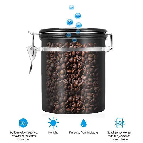 Bote de café hermético de 1200 ml con rastreador de fecha, válvula de liberación de CO2 con cuchara medidora, cepillo de limpieza, para café, té, frutos secos y polvos, acero inoxidable, color negro