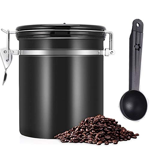 Bote de café hermético de 1200 ml con rastreador de fecha, válvula de liberación de CO2 con cuchara medidora, cepillo de limpieza, para café, té, frutos secos y polvos, acero inoxidable, color negro