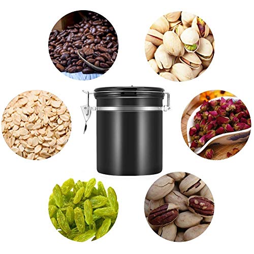 Bote de café hermético de 1200 ml con rastreador de fecha, válvula de liberación de CO2 con cuchara medidora, cepillo de limpieza, para café, té, frutos secos y polvos, acero inoxidable, color negro