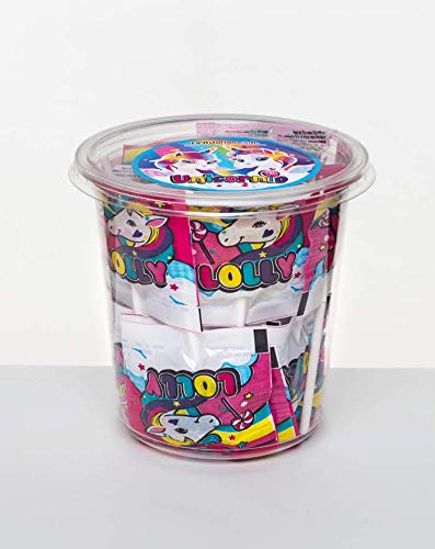 Bote de Piruletas Unicornio La Asturiana - Pequeño bote con 35 piruletas (210gr), con envoltorio con imágenes de unicornio, ideal para fiestas infantiles, sin gluten