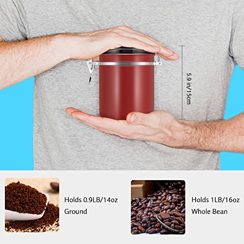 Bote para Café, EECOO Tarro de café 1.5L Bote Hermético de Acero Inoxidable Perfecto para Evitar la Oxidación del Café y la Aparición de Aromas Extraños, caucho sellado al vacío-Rojo