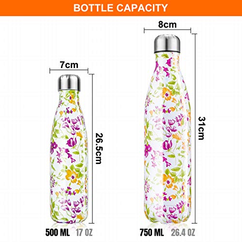 Botella de Agua de acero inoxidable sin BPA-500/750/1000 ml Botella Termica aisladas al vacío Botellas de doble pared reutilizable Mantiene bebidas 24h frías y 12h Calientes para Viaje, Deporte