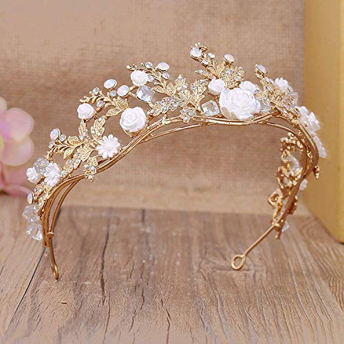 Bowen Jimmy Baroque Gold Flower Leaf Tiara Crowns Wedding Hair Vine Jewelry Bridal Headpiece,Gold