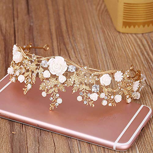 Bowen Jimmy Baroque Gold Flower Leaf Tiara Crowns Wedding Hair Vine Jewelry Bridal Headpiece,Gold