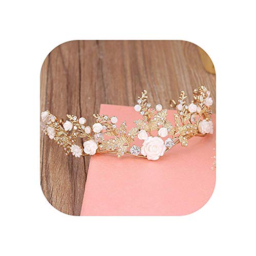 Bowen Jimmy Baroque Gold Flower Leaf Tiara Crowns Wedding Hair Vine Jewelry Bridal Headpiece,Gold