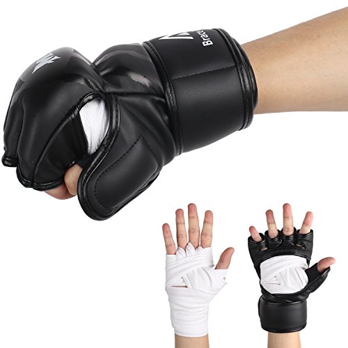 Brace Master MMA Gloves Guantes UFC Guantes de Boxeo para Hombres Mujeres Cuero Más Acolchado Saco de Boxeo sin Dedos Guantes para Kickboxing, Sparring, Muay Thai y Heavy Bag (Negro M)