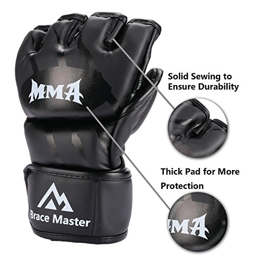 Brace Master MMA Gloves Guantes UFC Guantes de Boxeo para Hombres Mujeres Cuero Más Acolchado Saco de Boxeo sin Dedos Guantes para Kickboxing, Sparring, Muay Thai y Heavy Bag (Negro M)