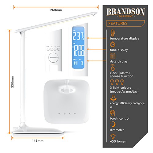 Brandson - Lámpara de Escritorio LED de Intensidad Regulable - luz en 3 Colores: frío, cálido y Blanco Neutro - 5 Niveles de luminosidad – Calendario y Alarma de Temperatura - Blanco