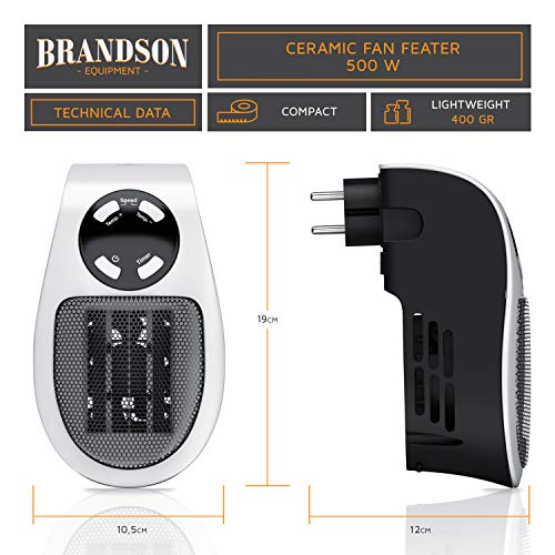 Brandson - Mini Calefactor cerámico 500W - Mini Calentador - Plug-in Enchufe - Mando a Distancia - Temporizador de 1 a 12 Horas - Termostato de 15 a 45 Grados - Fusible térmico - Portátil – Potente