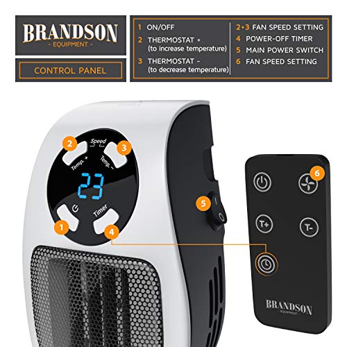 Brandson - Mini Calefactor cerámico 500W - Mini Calentador - Plug-in Enchufe - Mando a Distancia - Temporizador de 1 a 12 Horas - Termostato de 15 a 45 Grados - Fusible térmico - Portátil – Potente