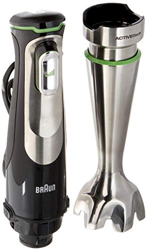 Braun Minipimer 9 MQ9037x Sauce - Batidora de mano eléctrica, tecnología active blade, campana anti-salpicaduras, picadora de 0.5 l y varillas, 1000 w, plástico, negro y plata