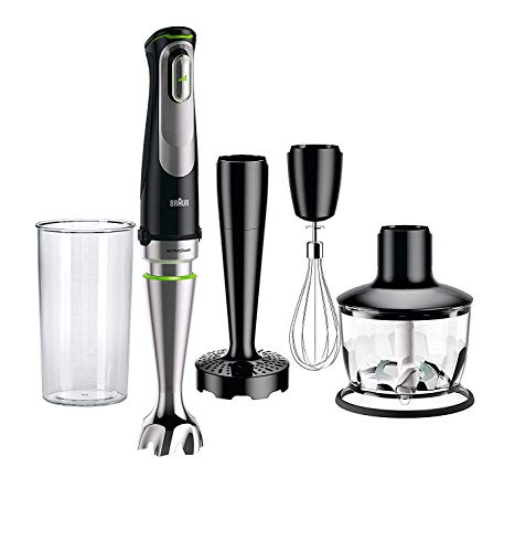 Braun Minipimer 9 MQ9037x Sauce - Batidora de mano eléctrica, tecnología active blade, campana anti-salpicaduras, picadora de 0.5 l y varillas, 1000 w, plástico, negro y plata