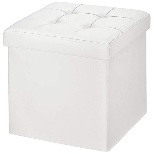 BRIAN & DANY Baúl Puff Taburete Plegable de Almacenamiento Banco Otomano Asiento, Piel sintética, 38 x 38 x 38 cm, Blanco