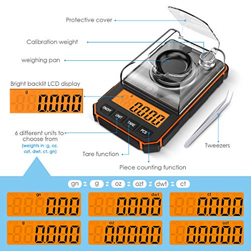 Brifit Báscula de Precisión Digitale, 50g/0.001g Balanzas de Portátiles con Peso de Calibración de 50g, Pinzas, Plato de Pesaje (Batería Incluida, Naranja)