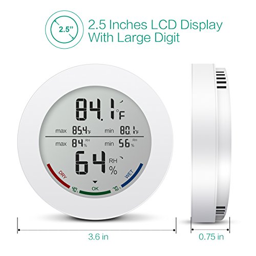 Brifit ORIA Termómetro interno, higrómetro digital interno, humedad del hidrómetro digital con alta precisión, pantalla LCD, grabaciones MIN / MAX, interruptor ° C / ° F, tendencia - Blanco