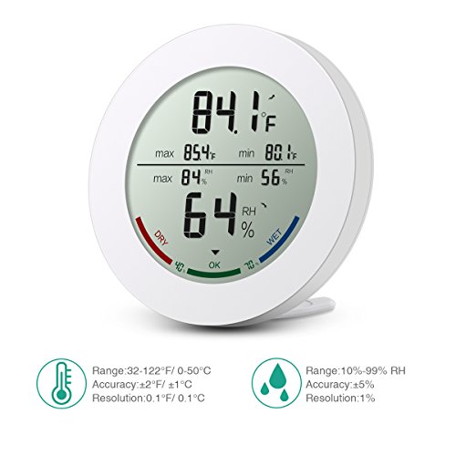 Brifit ORIA Termómetro interno, higrómetro digital interno, humedad del hidrómetro digital con alta precisión, pantalla LCD, grabaciones MIN / MAX, interruptor ° C / ° F, tendencia - Blanco