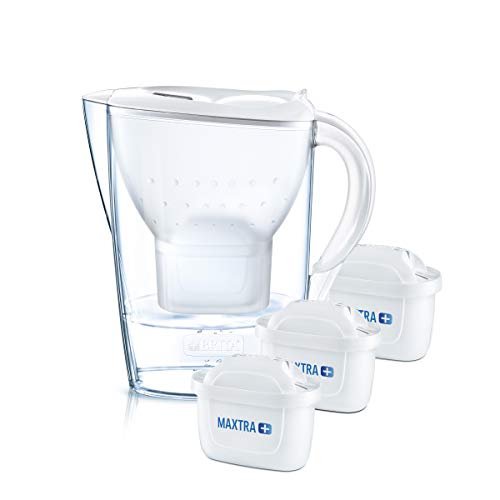 BRITA Marella blanca Pack Ahorro – Jarra de Agua Filtrada con 3 cartuchos MAXTRA+, Filtro de agua BRITA que reduce la cal y el cloro, Agua filtrada para un sabor óptimo, 2.4L