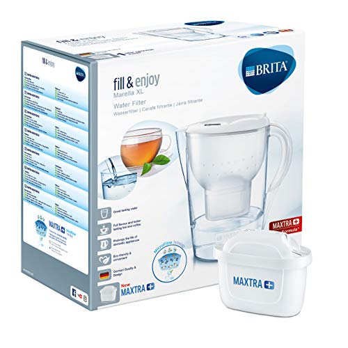 BRITA Marella blanca XL – Jarra de Agua Filtrada con 1 cartucho MAXTRA+, Filtro de agua BRITA que reduce la cal y el cloro, Agua filtrada para un sabor óptimo, 3.5L