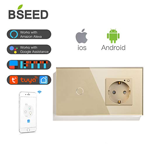 BSEED El Interruptor de luz de Pared de WiFi y el Enchufe de Wifi Funcionan con Amazon Alexa Google Home y Tuya IFTT es Control Remoto 1 Gang with EU Enchufe Oro