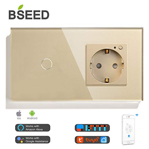 BSEED El Interruptor de luz de Pared de WiFi y el Enchufe de Wifi Funcionan con Amazon Alexa Google Home y Tuya IFTT es Control Remoto 1 Gang with EU Enchufe Oro