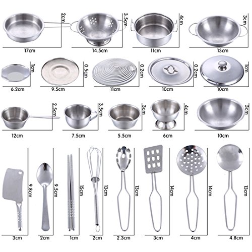 BSPAS Juguetes de Cocina 32 Piezas Acero Inoxidable Metal Utensilios de Cocina Batería de Cocina para Niños Juegos