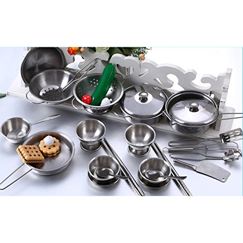 BSPAS Juguetes de Cocina 32 Piezas Acero Inoxidable Metal Utensilios de Cocina Batería de Cocina para Niños Juegos