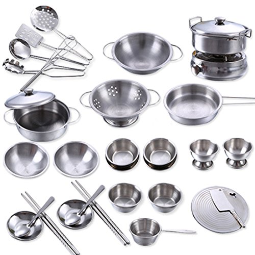 BSPAS Juguetes de Cocina 32 Piezas Acero Inoxidable Metal Utensilios de Cocina Batería de Cocina para Niños Juegos