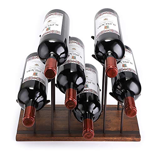 BSTKEY - Soporte para 6 botellas de vino de madera para vino tinto para bebidas para adultos, botella de licor, organizador de vino, soporte para almacenamiento de vino, bronce