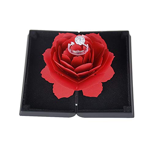 BUONDAC Caja para Anillos con Flor de Rosa Estuche Porta de Anillo Joyeria Alianza para Propuesta de Matrimonio Compromiso Boda el día de San Valentín Caja Regalo