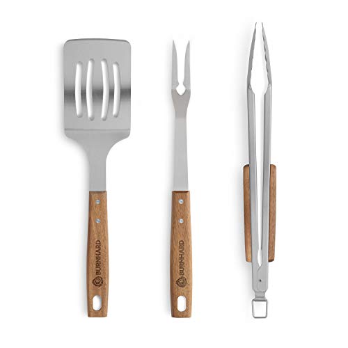 BURNHARD Set de 3 Cubiertos para Barbacoa de Acero Inoxidable y Madera de Acacia Utensilios Barbacoa Accesorios Set Kit Barbacoa