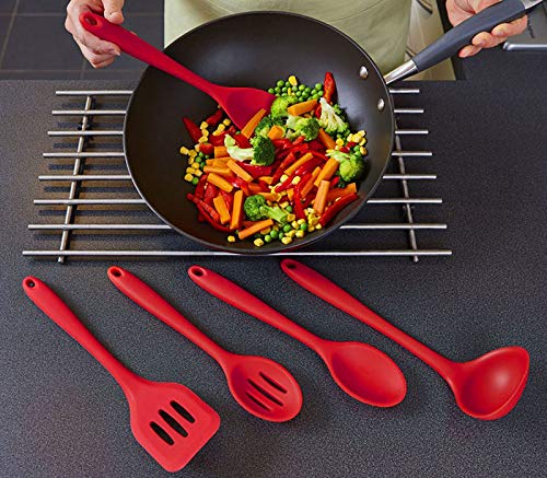 BYbrutek - Juego de Utensilios de Cocina de Silicona, sin BPA, cuchara, cucharón, espátula y tornero, Apto para lavavajillas, Antiadherente, Resistente al Calor (5 PCS Rojo)