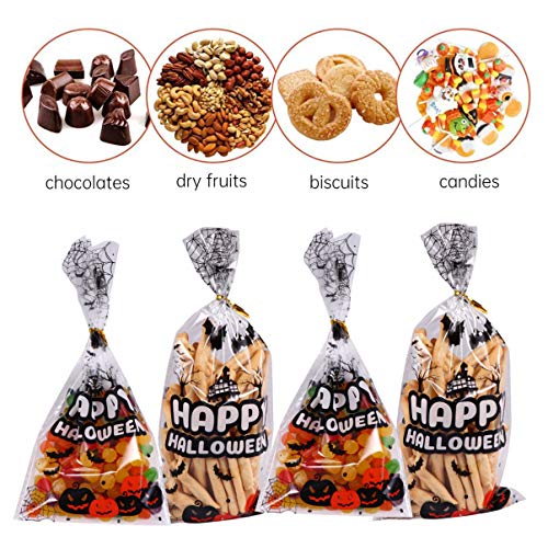 Cabilock 100Pcs Bolsas de Dulces de Halloween Bolsas de Galletas Transparentes con Lazos Giratorios para Galletas de Panadería Bocadillos de Chocolate Favores de Fiesta de Halloween