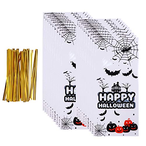 Cabilock 100Pcs Bolsas de Dulces de Halloween Bolsas de Galletas Transparentes con Lazos Giratorios para Galletas de Panadería Bocadillos de Chocolate Favores de Fiesta de Halloween