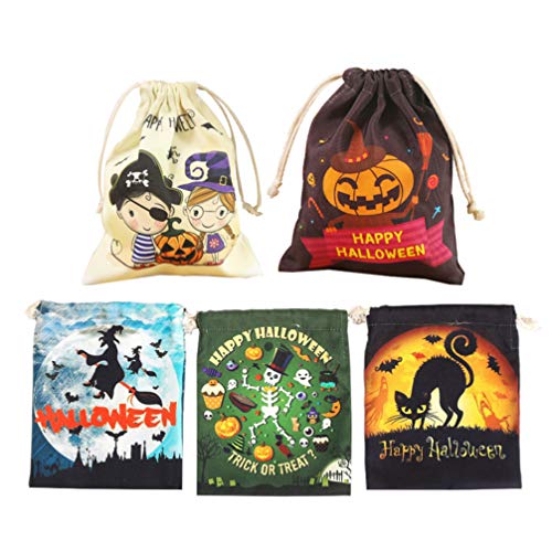 Cabilock - 5 bolsas de tela para Halloween, con cordón, para dulces o salidos, para Halloween, tratamientos de regalo, aperitivos, caramelos, fiestas infantiles, accesorios de fiesta