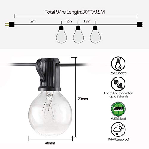 Cadena de Luces, Qomolo G40 Exterior Guirnalda Luces Con 25 Bombillas Y 3 Bombillas de Repuesto, 30ft Cable, Decoración Luz Interior y Exterior para Patio, Jardín, Fiesta, Bodas, Navidad