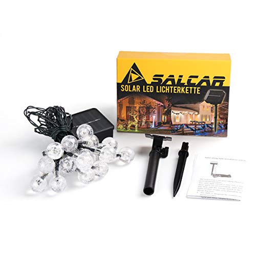 Cadena solar de luces LED Salcar de 5 metros, 20 gotas de agua de decoración, Solar Luz Cadena luminaria para navidad, fiestas, celebraciones (blanco cálido)