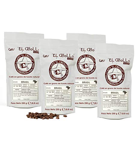 Café de Brasil en Grano - El Criollo. 100% Arábica. Tueste Natural. Pack 4x250gr (1kg)