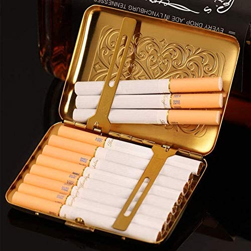 Caja de cigarrillos automática, personalizada, de cobre puro, ultrafina, portátil, para hombres y mujeres, puede contener 16 cigarrillos eternos (color: dorado, tamaño: 9,4 x 6,95 x 1,95 cm)