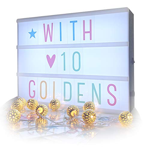 Caja de luz de cine con letras, Sanyan Cinematic Marquee Sign LED Light Up Message Board con 95 letras, símbolo de números y 10 luces de cadena de globo, USB o batería (negro)