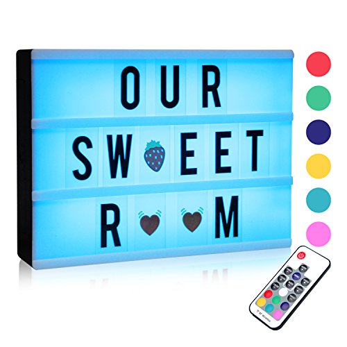 Caja de Luz de Cine LED, A4 Cinematic LED Box Cambio de Colore, Caja de Luz Cinematográfica con 120 Letras | Emojis | Símbolos para Habitación, Fiesta, Oficina, Cumpleaños (7 Colores)