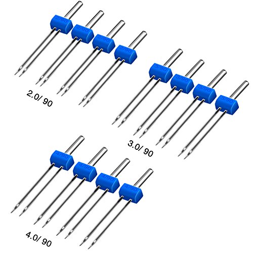 Caja de plástico con 12 agujas dobles para máquina de coser (tres tamaños diferentes: 2/90, 3/90 y 4/90)