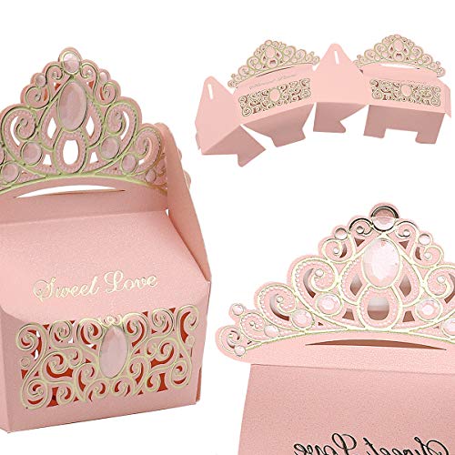 Caja de regalo de 25 piezas de dulces, cajas de corona de papel hueco, para boda, bautizo, fiesta de bienvenida al bebé, decoración de favores (rosado)