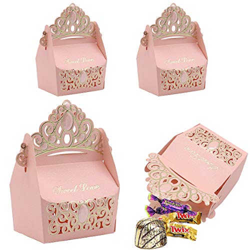 Caja de regalo de 25 piezas de dulces, cajas de corona de papel hueco, para boda, bautizo, fiesta de bienvenida al bebé, decoración de favores (rosado)