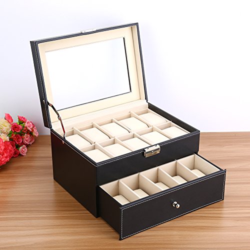 Caja de Reloj con Tapa de 20 Rejillas, 2 Capas Relojes de Hombre Vitrina Joyero Gemelos Caja de Almacenamiento Caja de Pulsera Bandeja de Cuero de imitación, Negro