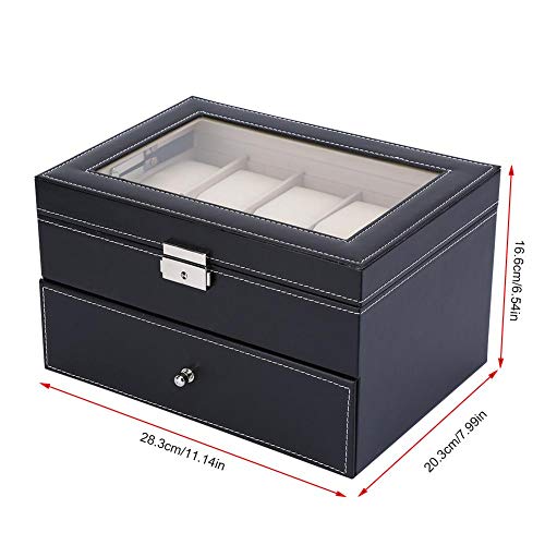 Caja de Reloj con Tapa de 20 Rejillas, 2 Capas Relojes de Hombre Vitrina Joyero Gemelos Caja de Almacenamiento Caja de Pulsera Bandeja de Cuero de imitación, Negro