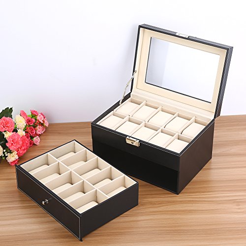 Caja de Reloj con Tapa de 20 Rejillas, 2 Capas Relojes de Hombre Vitrina Joyero Gemelos Caja de Almacenamiento Caja de Pulsera Bandeja de Cuero de imitación, Negro