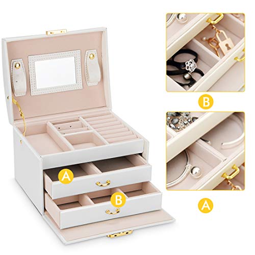 Caja Joyero Caja de Joyas, Cofres para joyas 3 Niveles Jewelry Organizer para Mujer , Organizador de Joyas para Anillos, Aretes, Pendientes, Pulseras y Collares(Blanco)