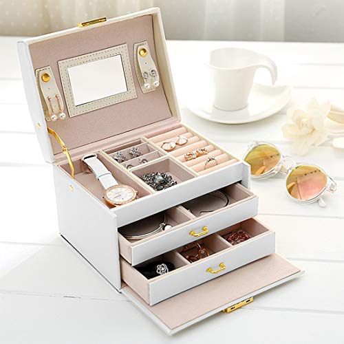 Caja Joyero Caja de Joyas, Cofres para joyas 3 Niveles Jewelry Organizer para Mujer , Organizador de Joyas para Anillos, Aretes, Pendientes, Pulseras y Collares(Blanco)